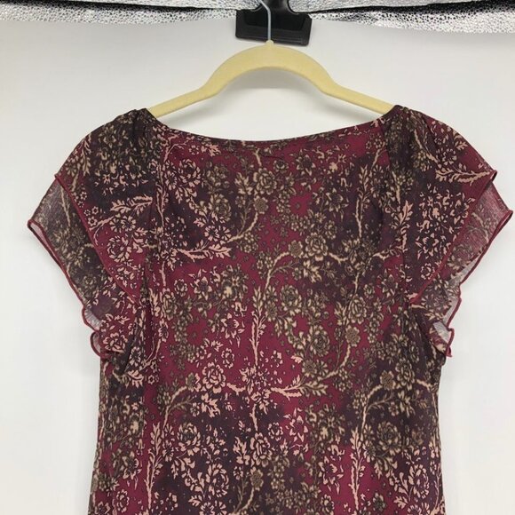 Burgundy Floral Chiffon flowy tunic scoop neck Short Sleeve Blouse size ~M - Picture 8 of 14